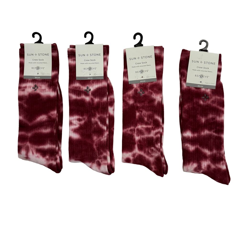 Sun+Stone Men's Socks Lot of 4 Crew Socks Red Tie Dye Sock Size 10-13